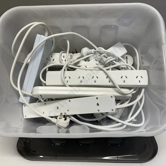 Lidded Clear Bin Of Multi Plugs Etc